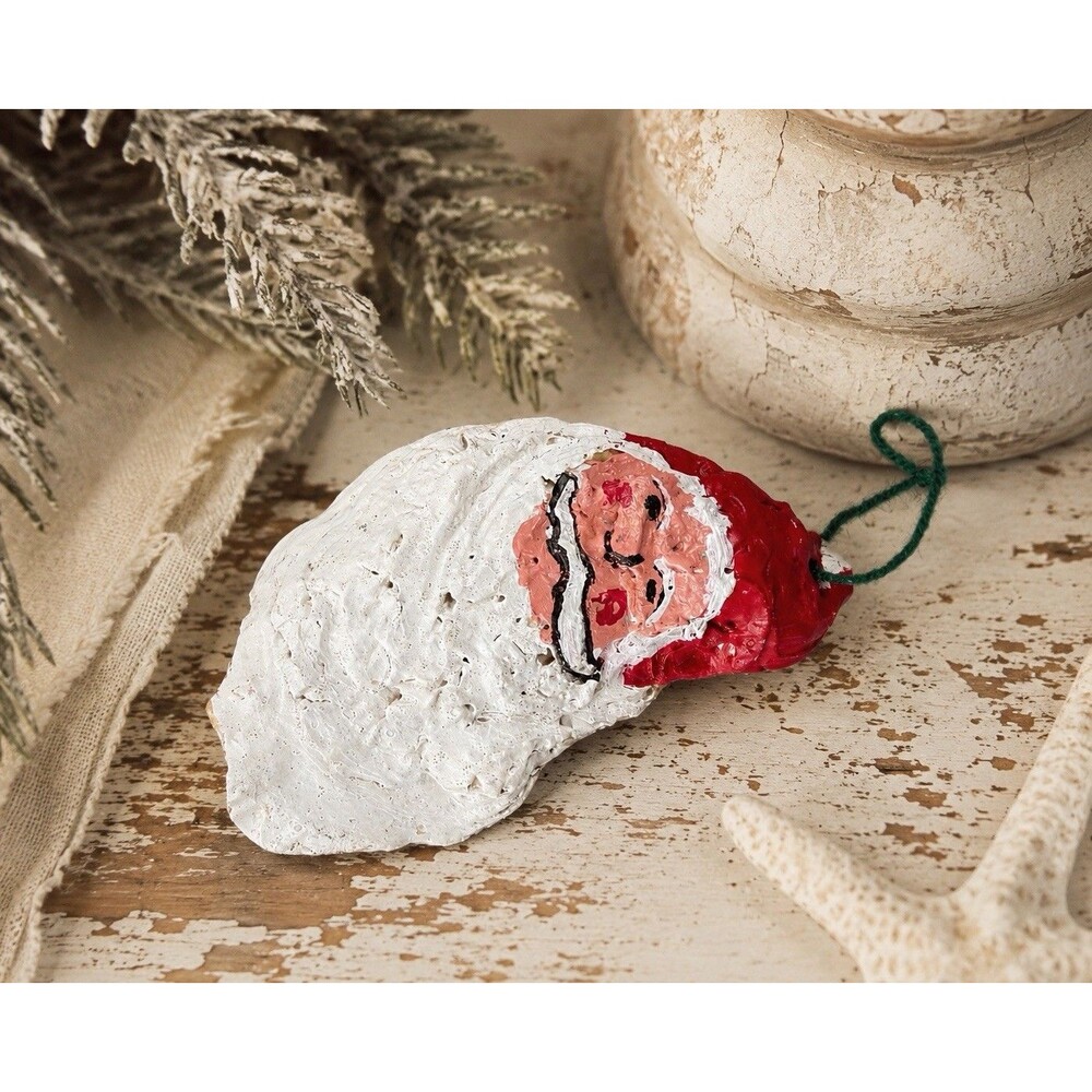 Vintage Hand Painted Oyster Shell Santa Christmas Ornament Coastal Folk Art 4”